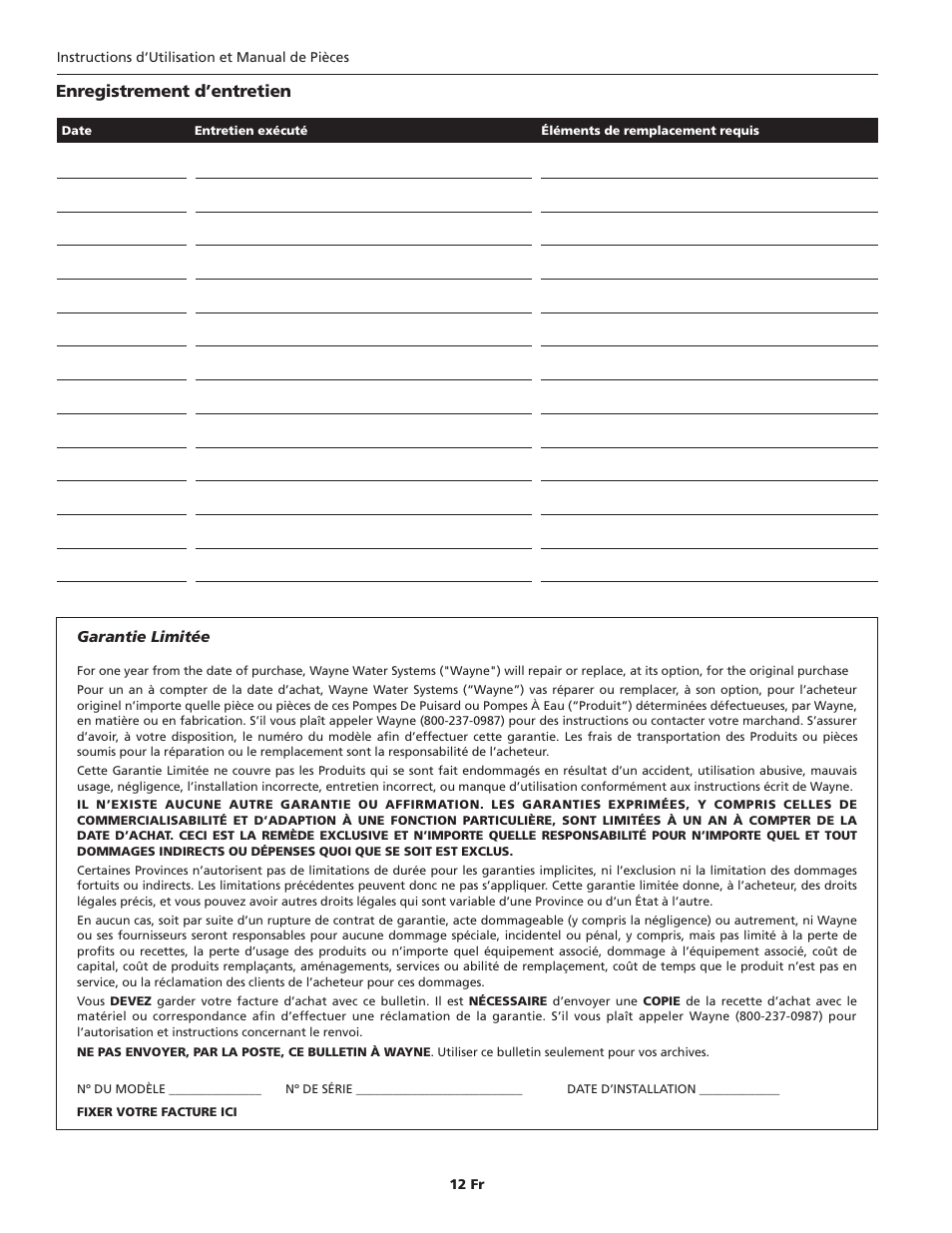 Enregistrement d’entretien | Wayne SEL50 User Manual | Page 12 / 20
