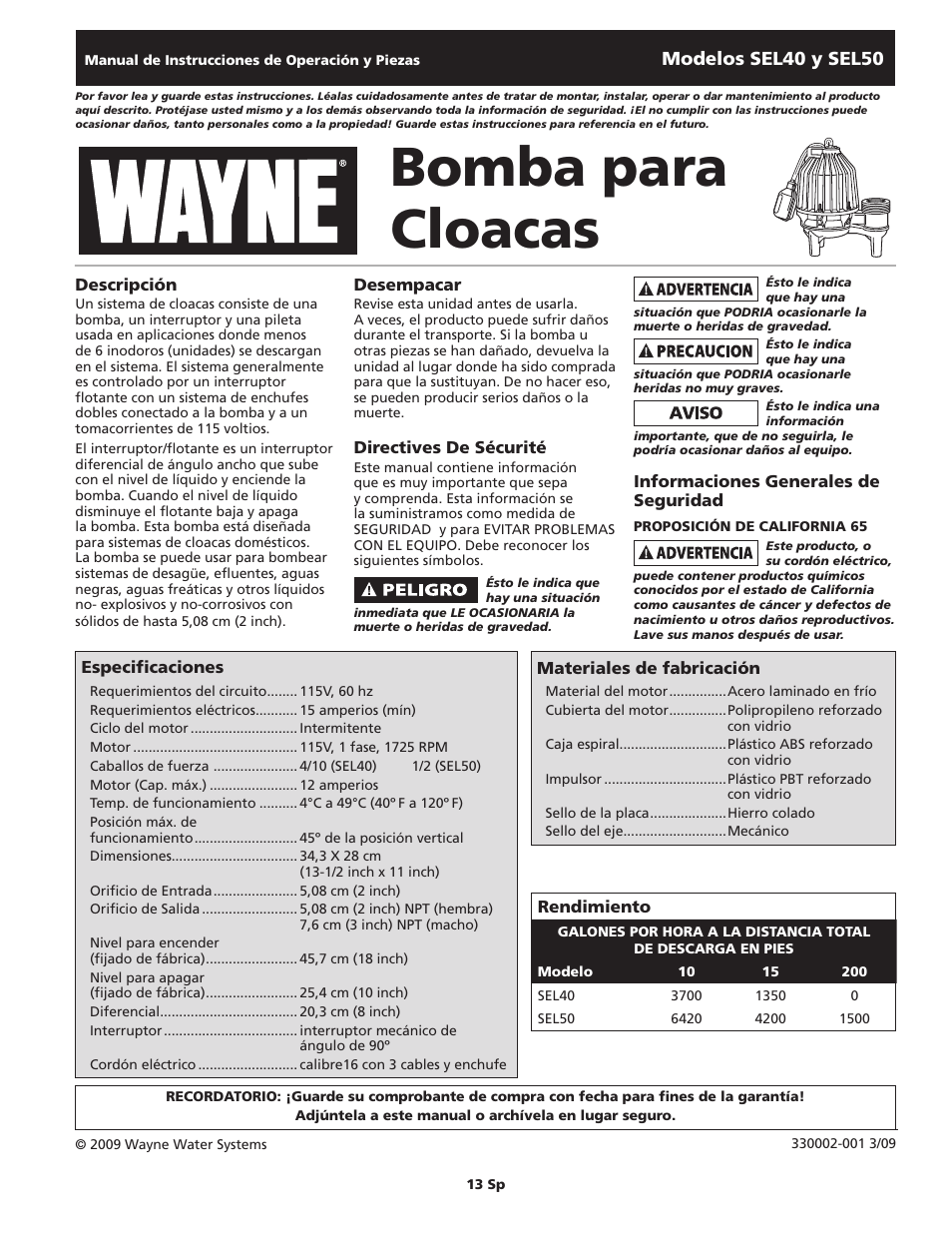 Bomba para cloacas | Wayne SEL50 User Manual | Page 13 / 20