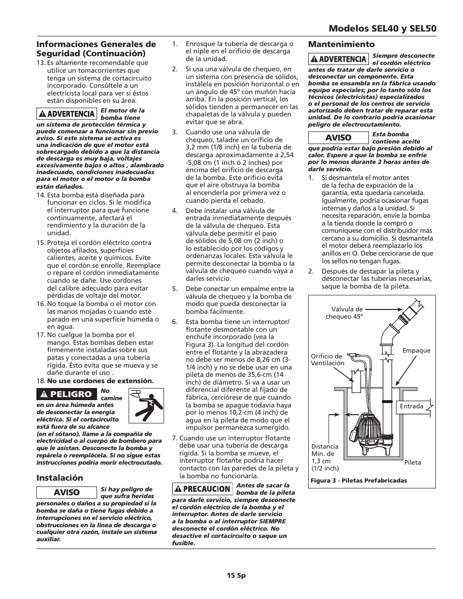 Modelos sel40 y sel50, Instalación, Mantenimiento | Wayne SEL50 User Manual | Page 15 / 20