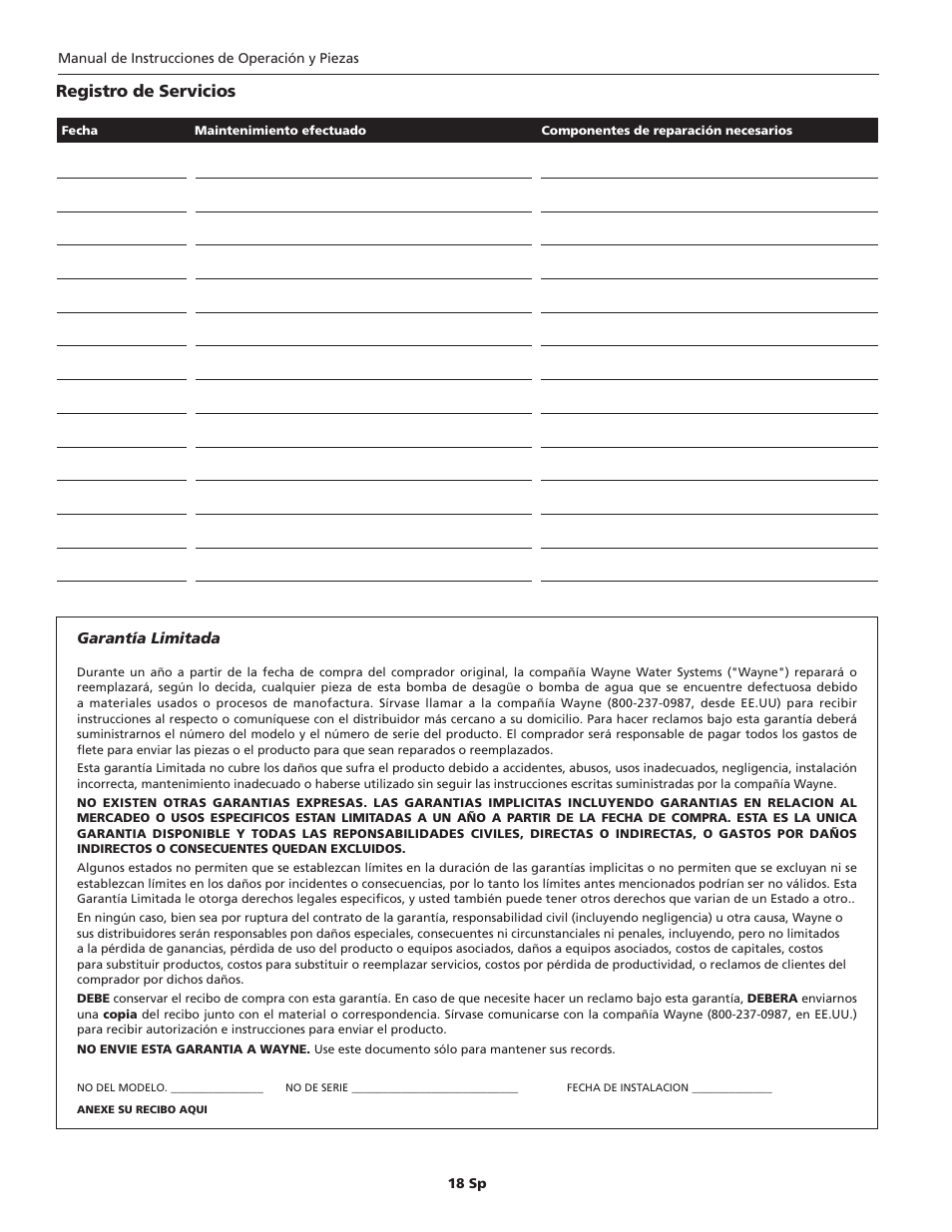 Registro de servicios | Wayne SEL50 User Manual | Page 18 / 20
