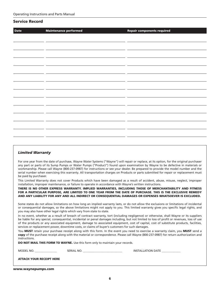 Service record | Wayne SEL50 User Manual | Page 6 / 20