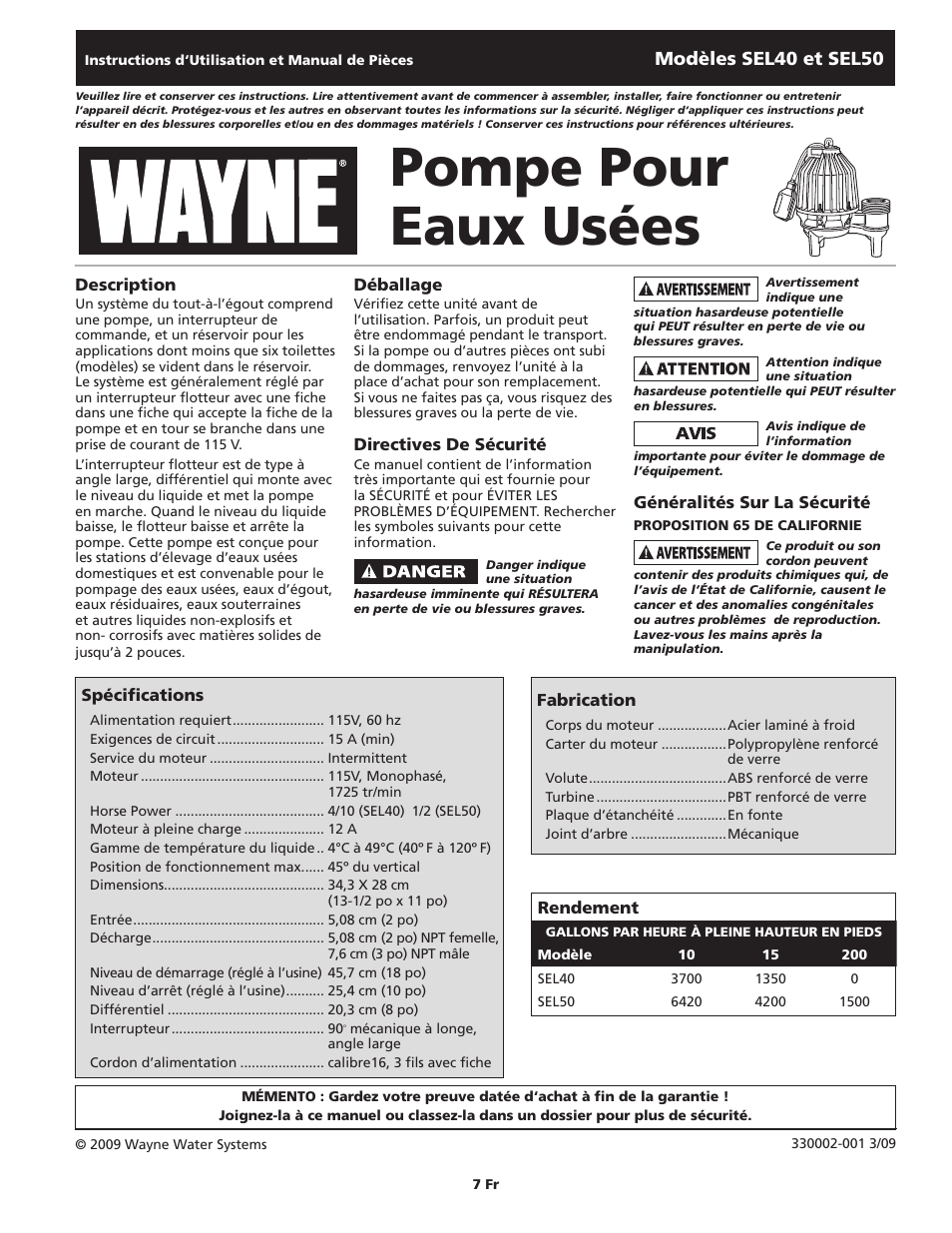 Pompe pour eaux usées | Wayne SEL50 User Manual | Page 7 / 20