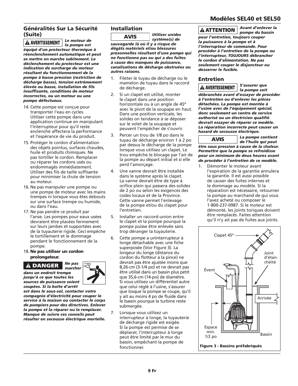 Modèles sel40 et sel50 | Wayne SEL50 User Manual | Page 9 / 20
