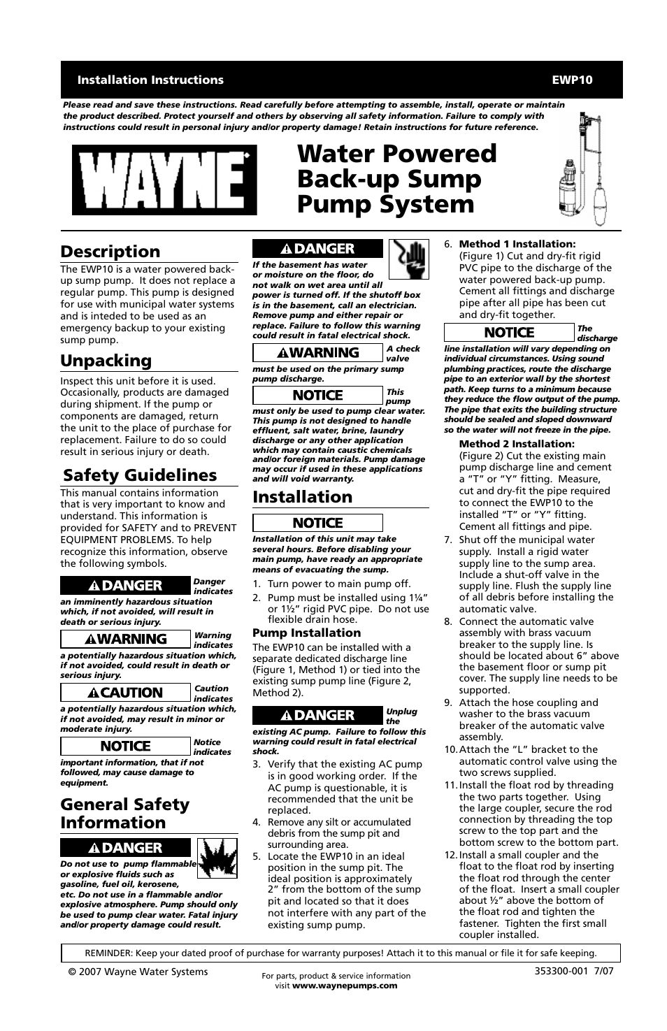 Wayne EWP10 User Manual | 8 pages