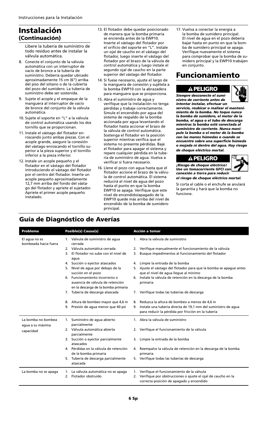 Funcionamiento, Instalación, Guía de diagnóstico de averías | Continuación) | Wayne EWP10 User Manual | Page 6 / 8