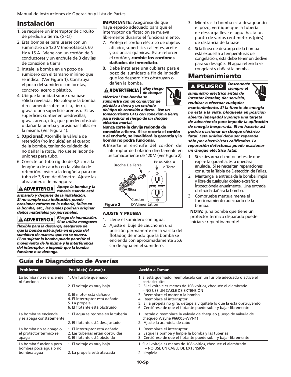Mantenimiento, Instalación, Guía de diagnóstico de averías | Wayne 360516-001 User Manual | Page 10 / 12