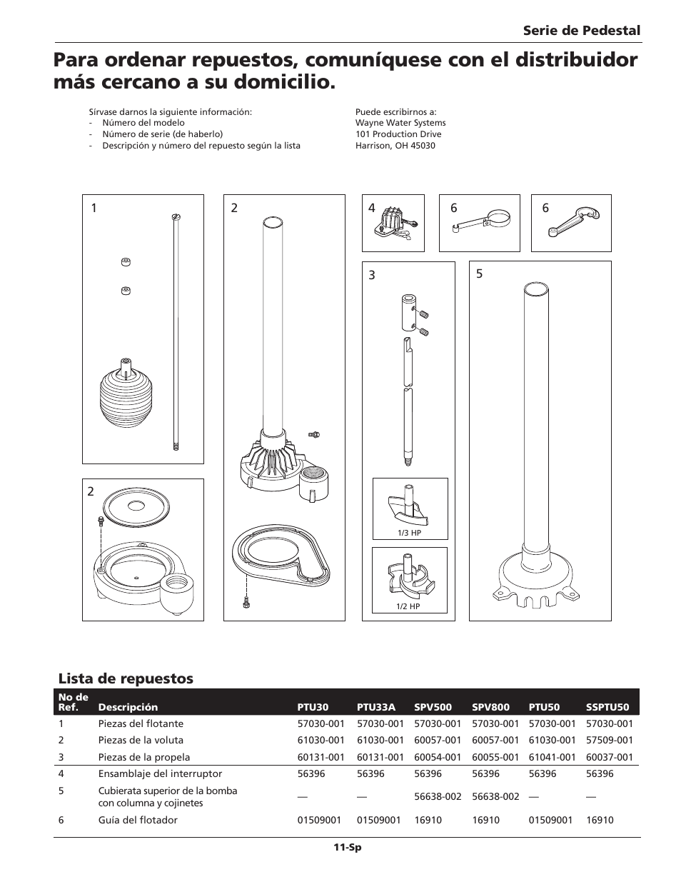 Lista de repuestos | Wayne 360516-001 User Manual | Page 11 / 12