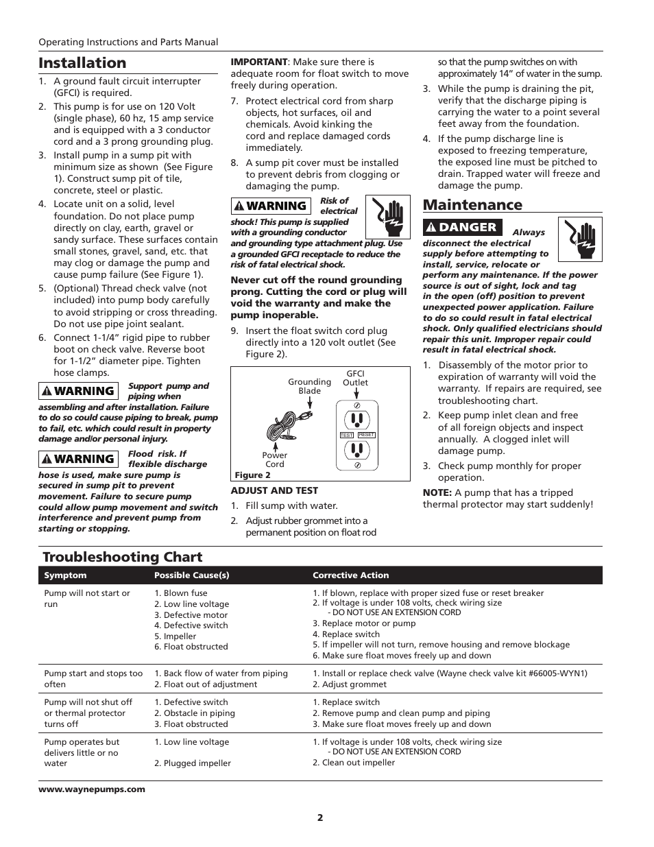 Maintenance, Installation, Troubleshooting chart | Wayne 360516-001 User Manual | Page 2 / 12