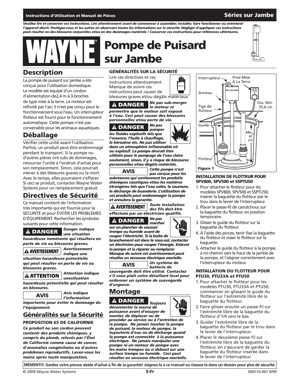 Pompe de puisard sur jambe, Montage, Description | Déballage, Directives de sécurité, Généralités sur la sécurité, Séries sur jambe | Wayne 360516-001 User Manual | Page 5 / 12