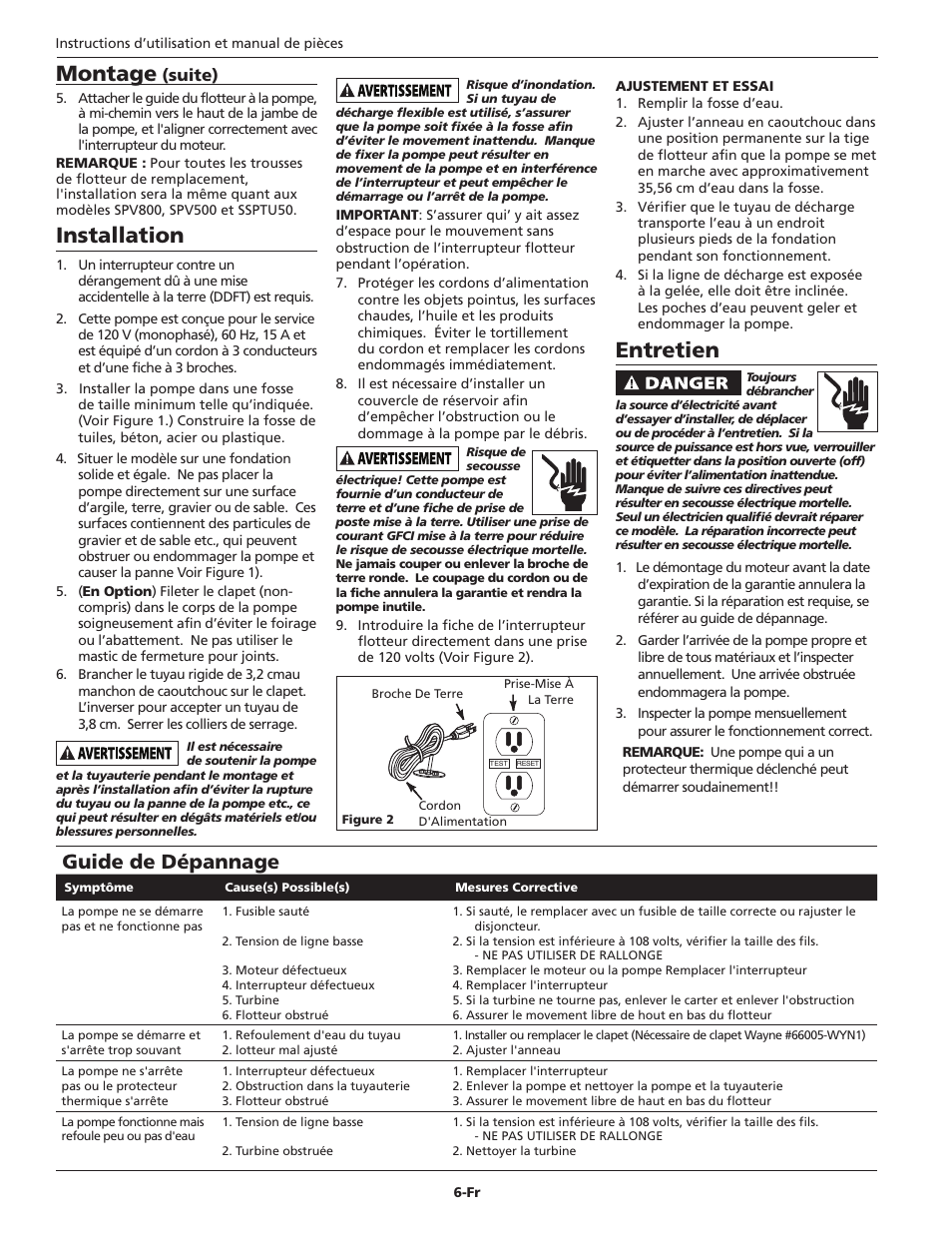 Installation, Entretien, Montage | Guide de dépannage, Suite) | Wayne 360516-001 User Manual | Page 6 / 12