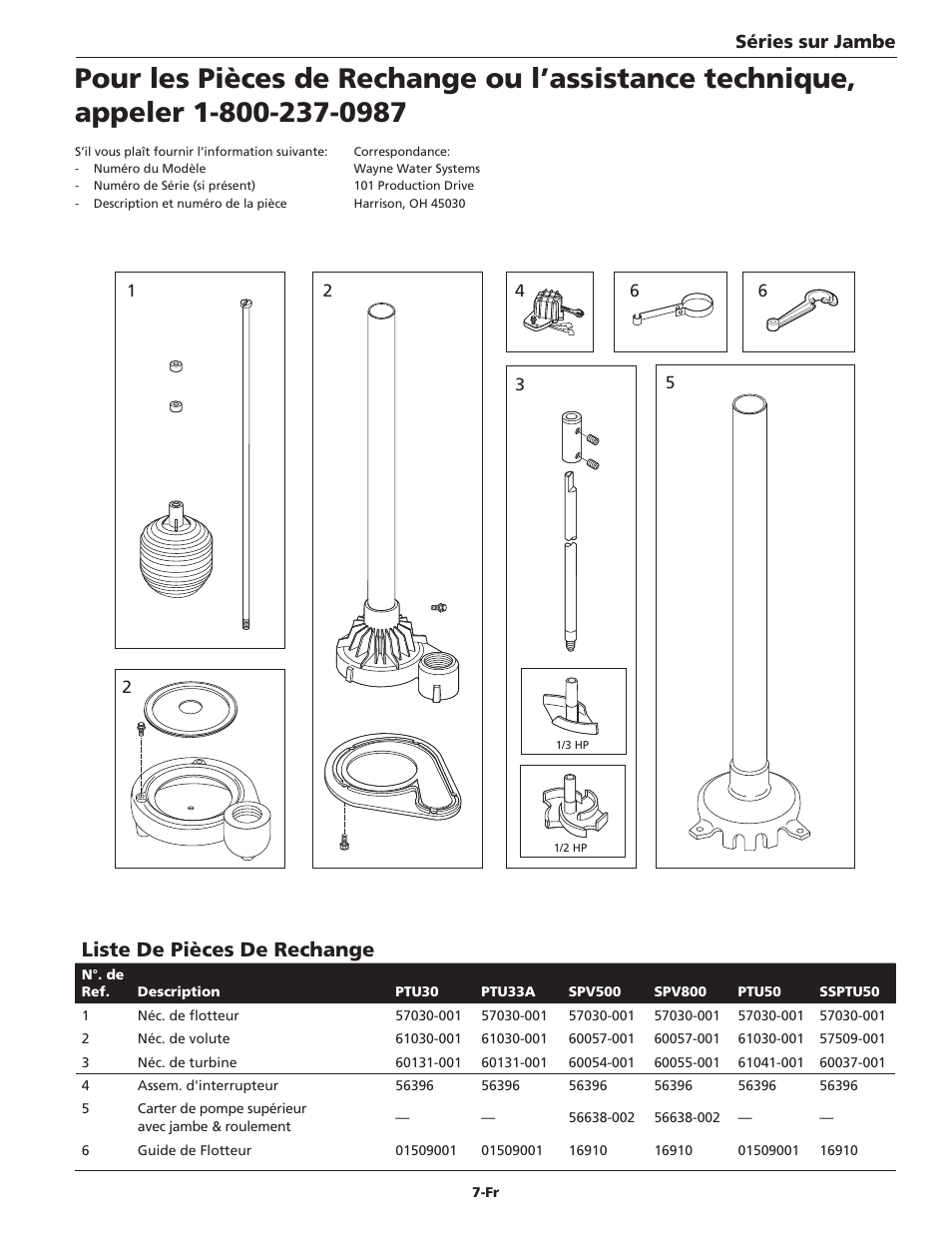 Liste de pièces de rechange | Wayne 360516-001 User Manual | Page 7 / 12