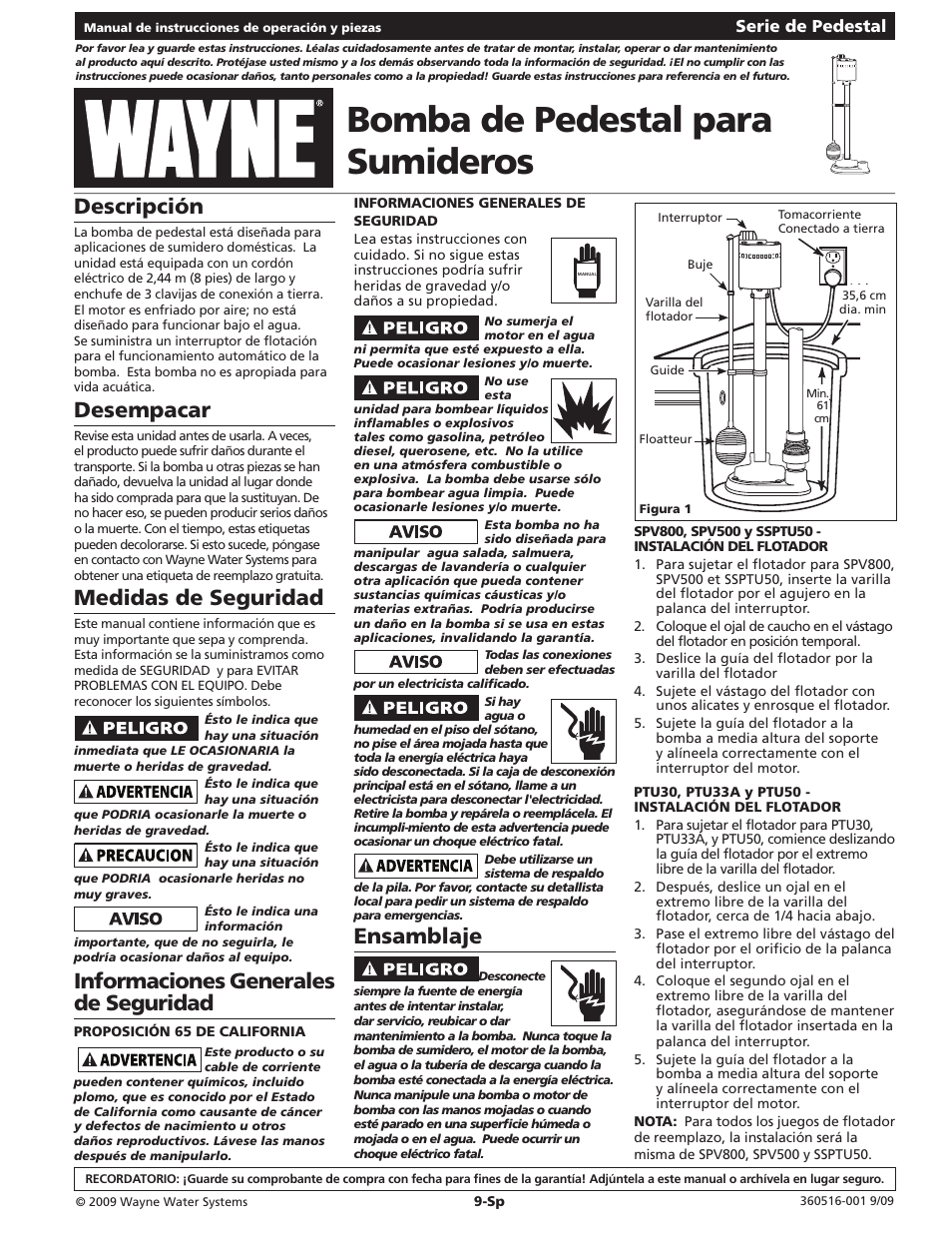 Bomba de pedestal para sumideros, Ensamblaje, Descripción | Desempacar, Medidas de seguridad, Informaciones generales de seguridad, Serie de pedestal | Wayne 360516-001 User Manual | Page 9 / 12