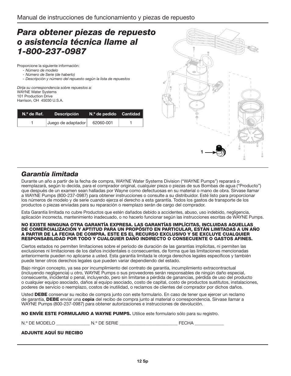 Garantía limitada | Wayne EEAUP250 User Manual | Page 12 / 12