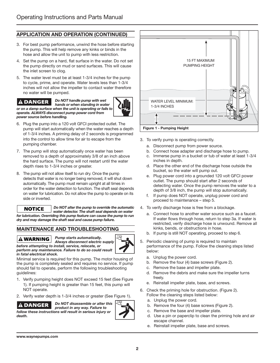 Operating instructions and parts manual | Wayne EEAUP250 User Manual | Page 2 / 12