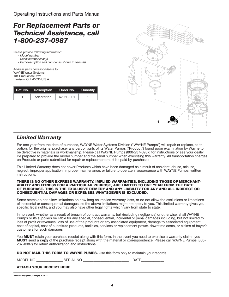 Limited warranty, Operating instructions and parts manual | Wayne EEAUP250 User Manual | Page 4 / 12