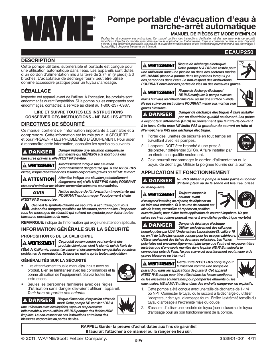 Eeaup250, Application et fonctionnement, Description | Déballage, Directives de sécurité, Information générale sur la sécurité | Wayne EEAUP250 User Manual | Page 5 / 12