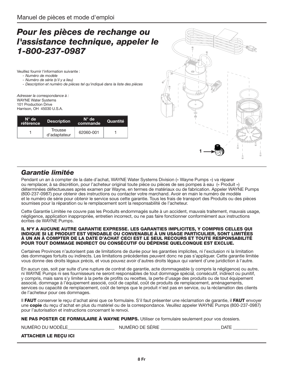 Garantie limitée, Manuel de pièces et mode d'emploi | Wayne EEAUP250 User Manual | Page 8 / 12