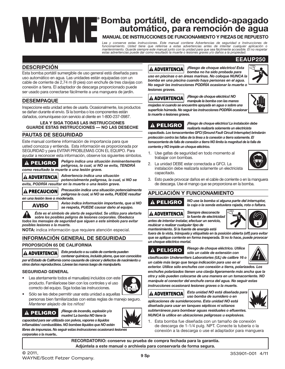 Eeaup250, Aplicación y funcionamiento, Descripción | Desempaque, Pautas de seguridad, Información general de seguridad | Wayne EEAUP250 User Manual | Page 9 / 12