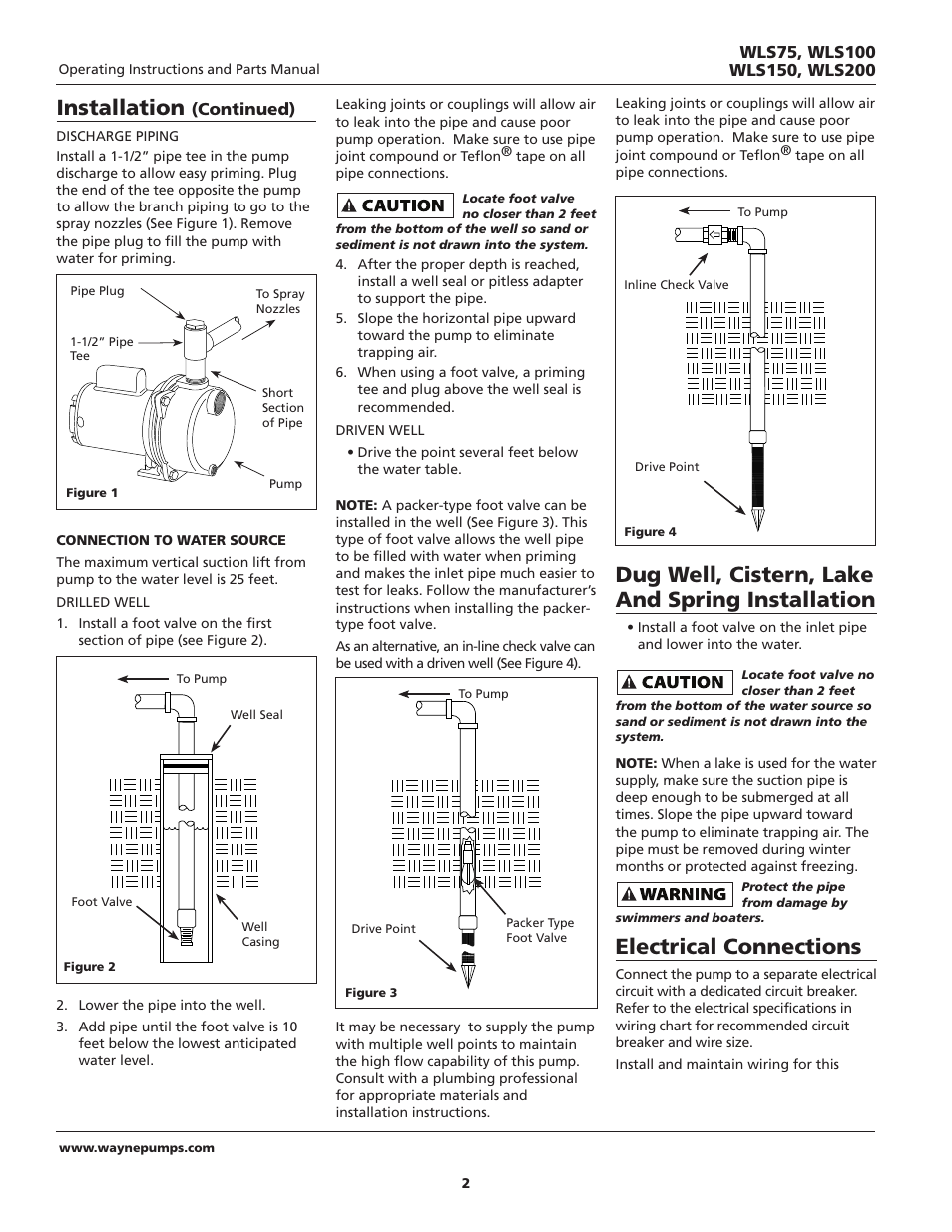 Dug well, cistern, lake and spring installation, Electrical connections, Installation | Continued) | Wayne WLS200 User Manual | Page 2 / 20