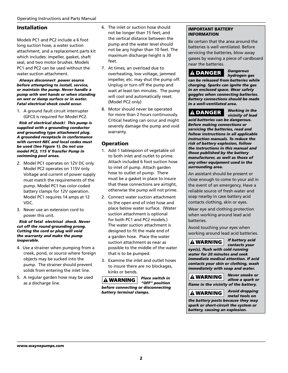 Operation, Installation | Wayne PC2 Series User Manual | Page 2 / 8