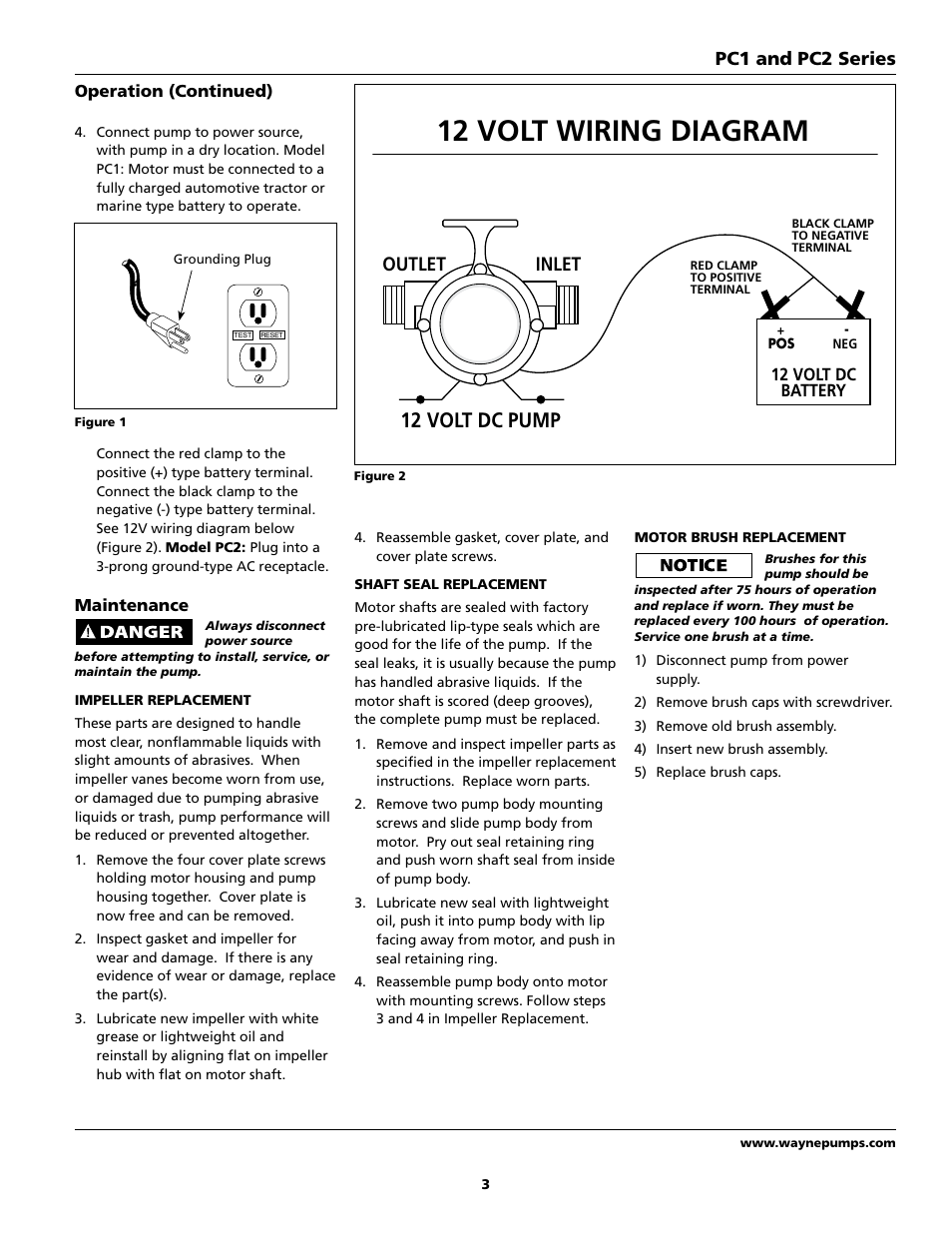 12 volt wiring diagram, 12 volt dc pump, Inlet outlet | Pc1 and pc2 series | Wayne PC2 Series User Manual | Page 3 / 8