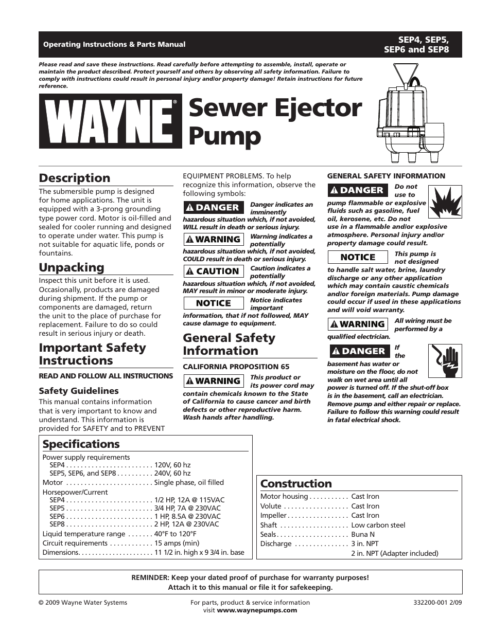 Wayne 332200-001 User Manual | 8 pages