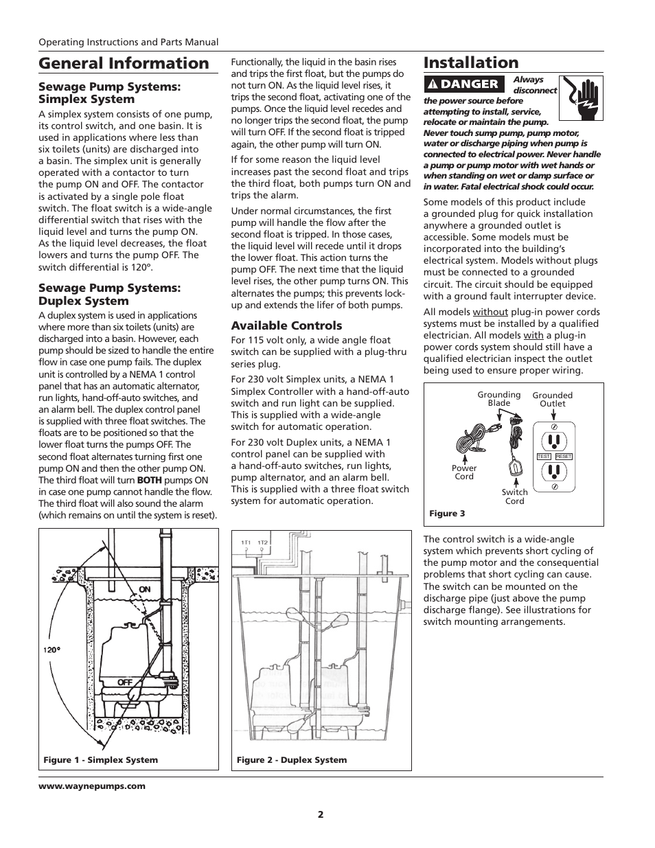 General information, Installation, Sewage pump systems: simplex system | Sewage pump systems: duplex system, Available controls | Wayne 332200-001 User Manual | Page 2 / 8