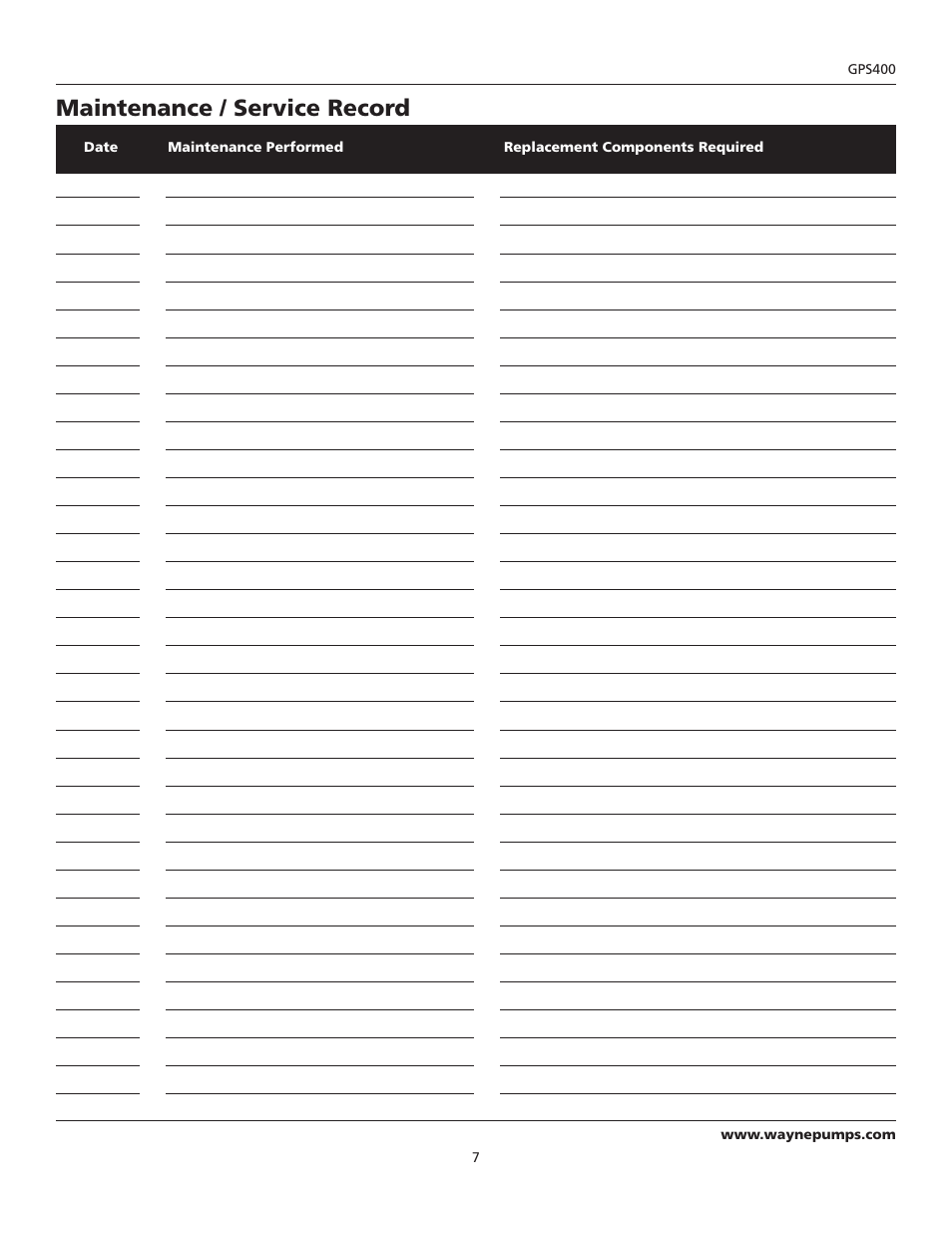 Maintenance / service record | Wayne 320604-001 User Manual | Page 7 / 8