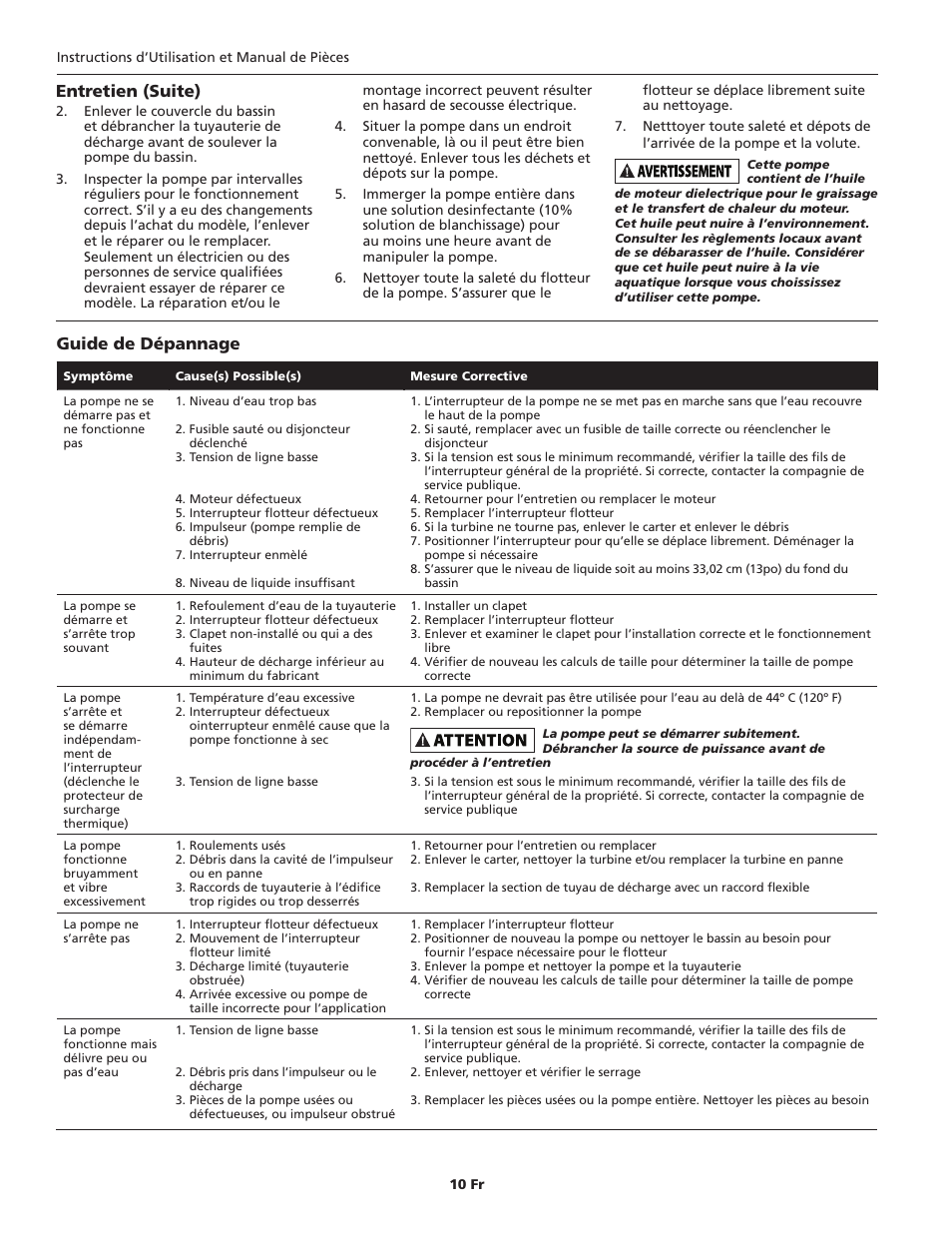 Entretien (suite), Guide de dépannage | Wayne 330102-001 User Manual | Page 10 / 20