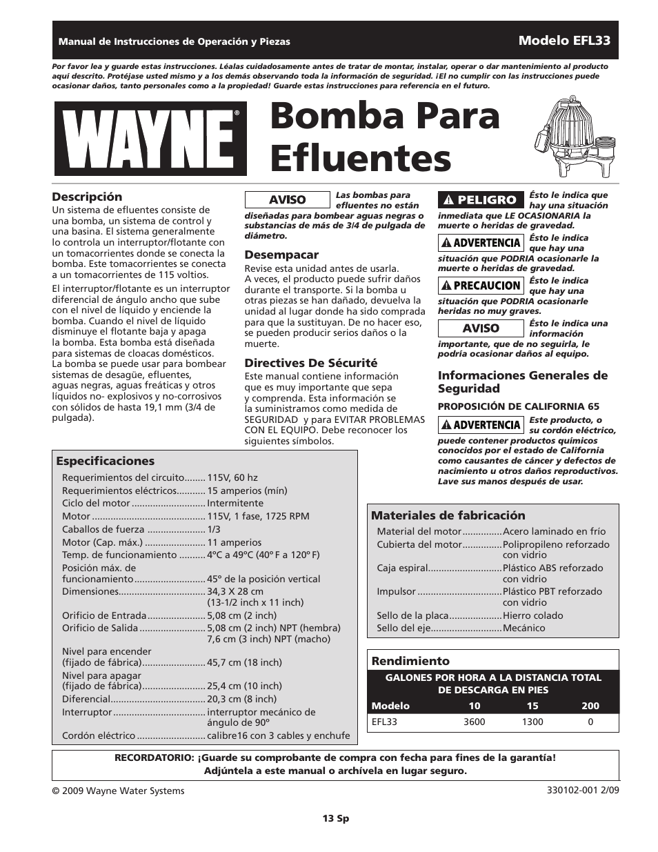 Bomba para efluentes | Wayne 330102-001 User Manual | Page 13 / 20