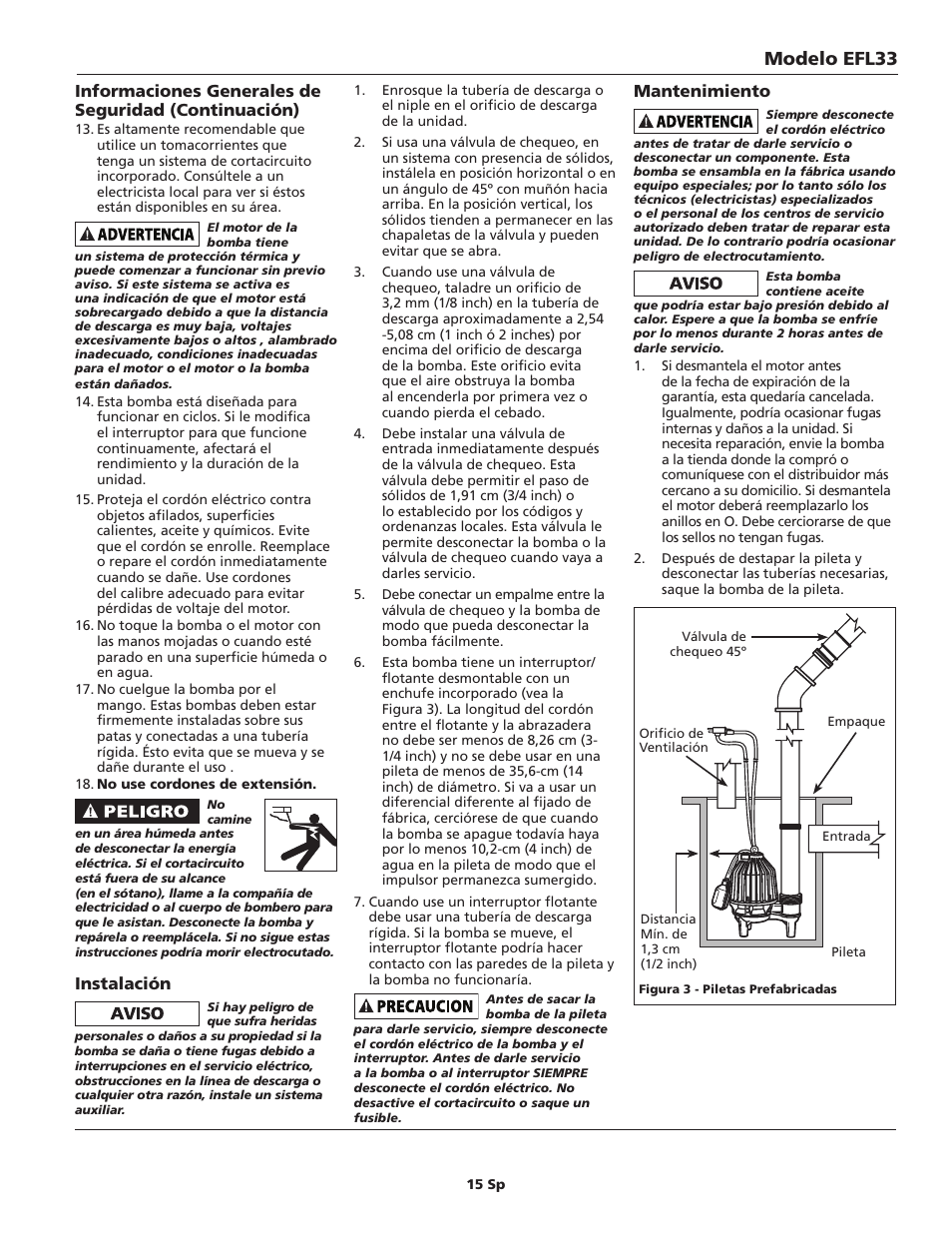 Modelo efl33, Instalación, Mantenimiento | Wayne 330102-001 User Manual | Page 15 / 20