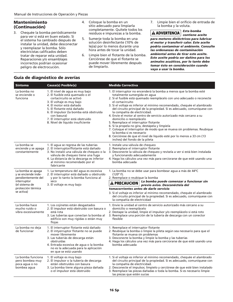 Mantenimiento (continuación), Guía de diagnóstico de averías | Wayne 330102-001 User Manual | Page 16 / 20