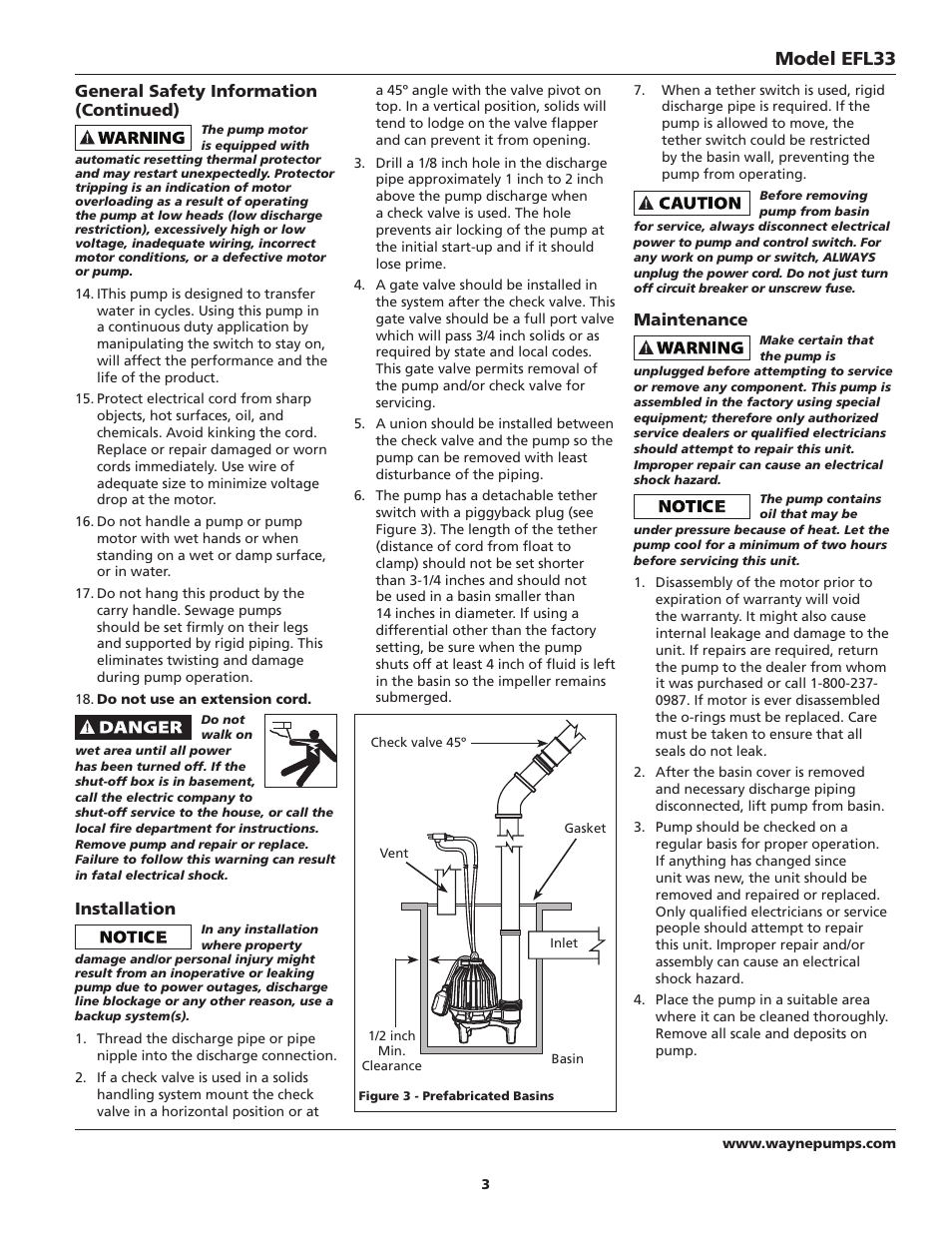 Model efl33, General safety information (continued), Installation | Maintenance | Wayne 330102-001 User Manual | Page 3 / 20