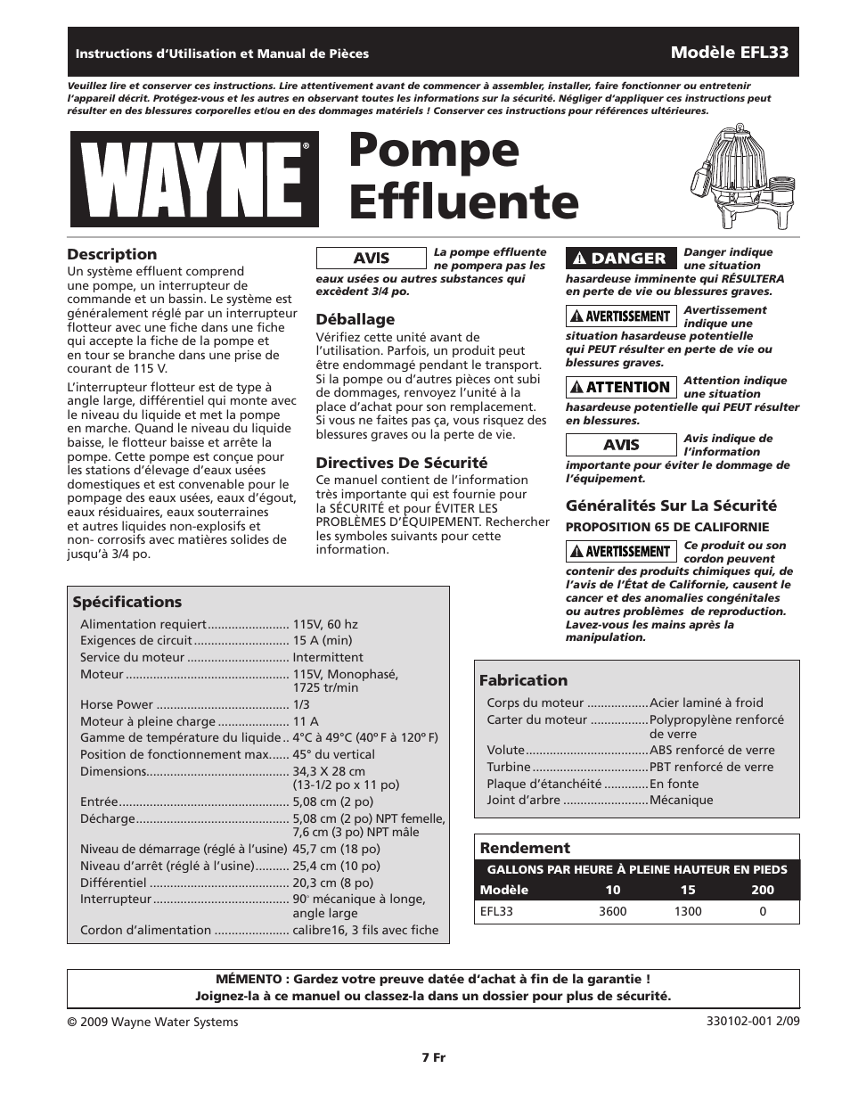 Pompe effluente, Modèle efl33 | Wayne 330102-001 User Manual | Page 7 / 20