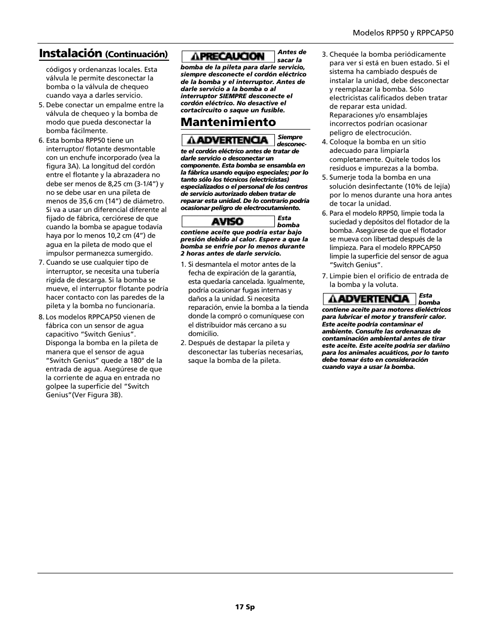 Instalación, Mantenimiento | Wayne RPPCAP50 User Manual | Page 17 / 20