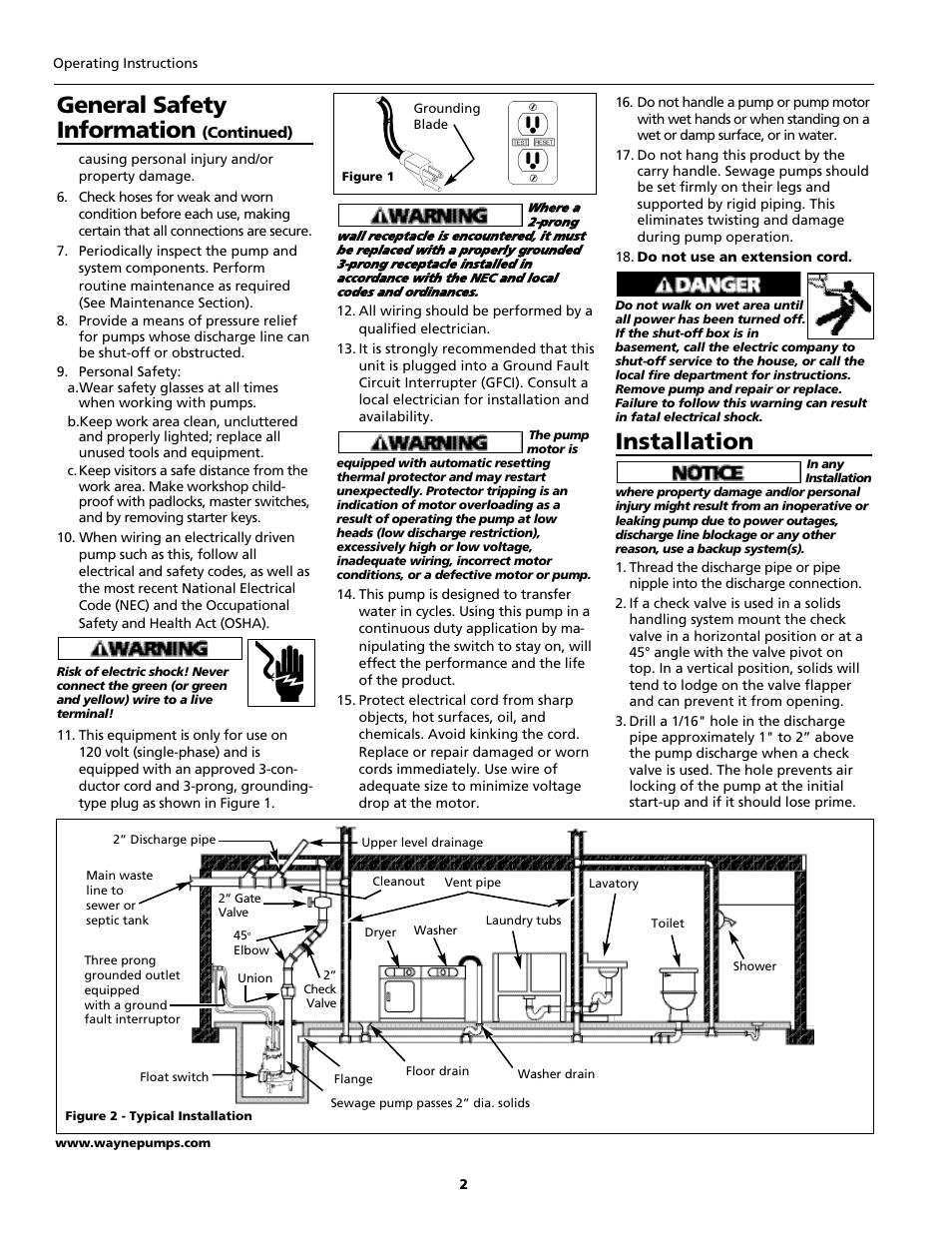 Installation, General safety information | Wayne RPPCAP50 User Manual | Page 2 / 20