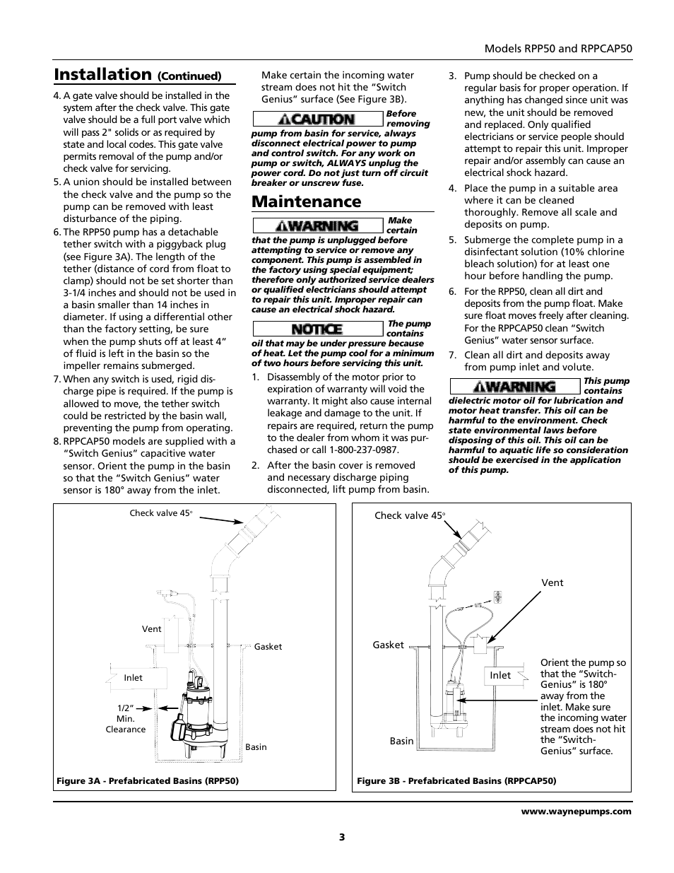 Maintenance, Installation | Wayne RPPCAP50 User Manual | Page 3 / 20