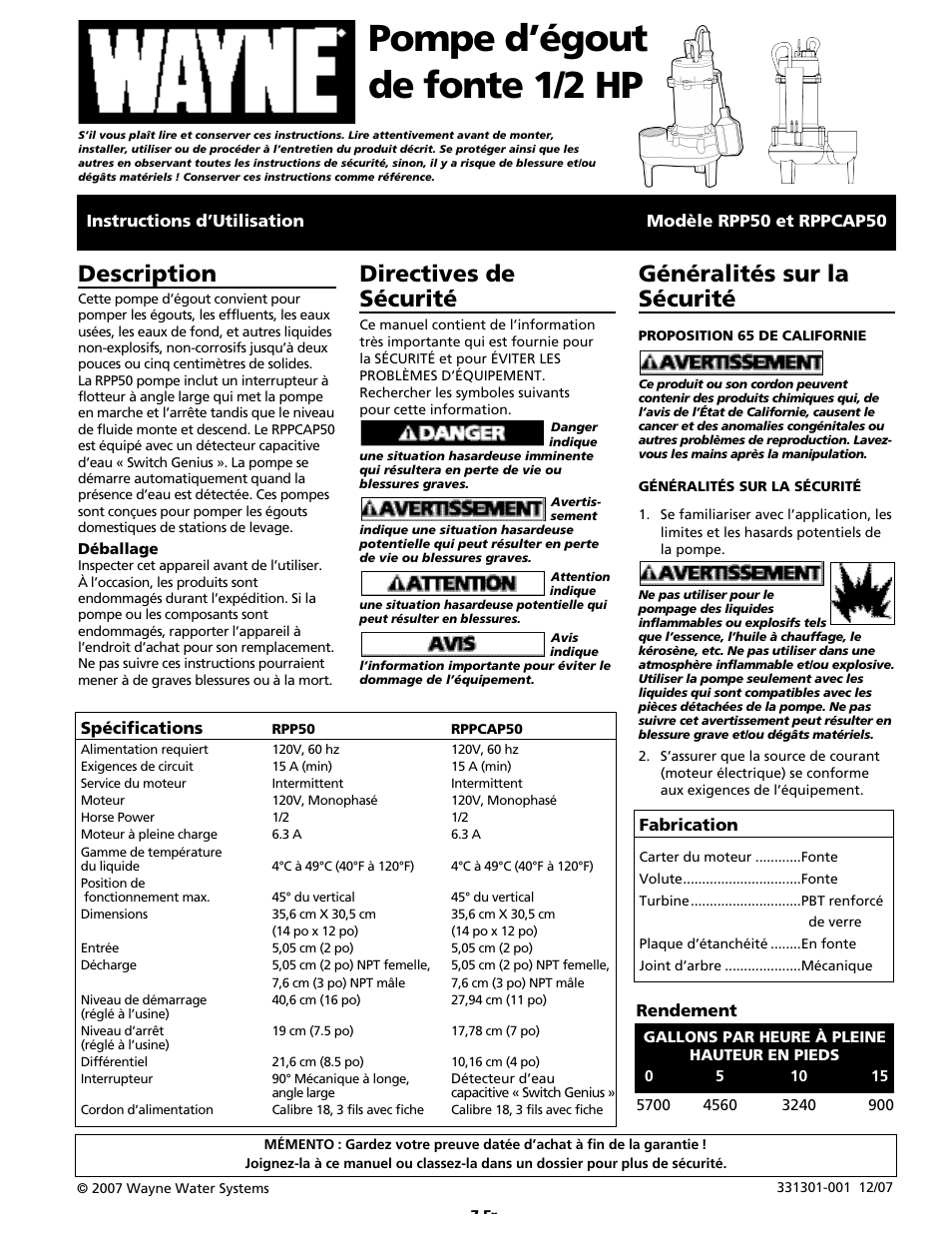 Pompe d’égout de fonte 1/2 hp, Description, Directives de sécurité | Généralités sur la sécurité | Wayne RPPCAP50 User Manual | Page 7 / 20