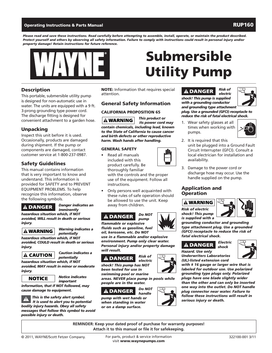 Wayne SUBMERSBLE UTILITY PUMP RUP160 User Manual | 12 pages