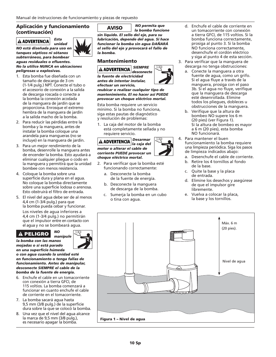Aplicación y funcionamiento (continuación), Mantenimiento | Wayne SUBMERSBLE UTILITY PUMP RUP160 User Manual | Page 10 / 12