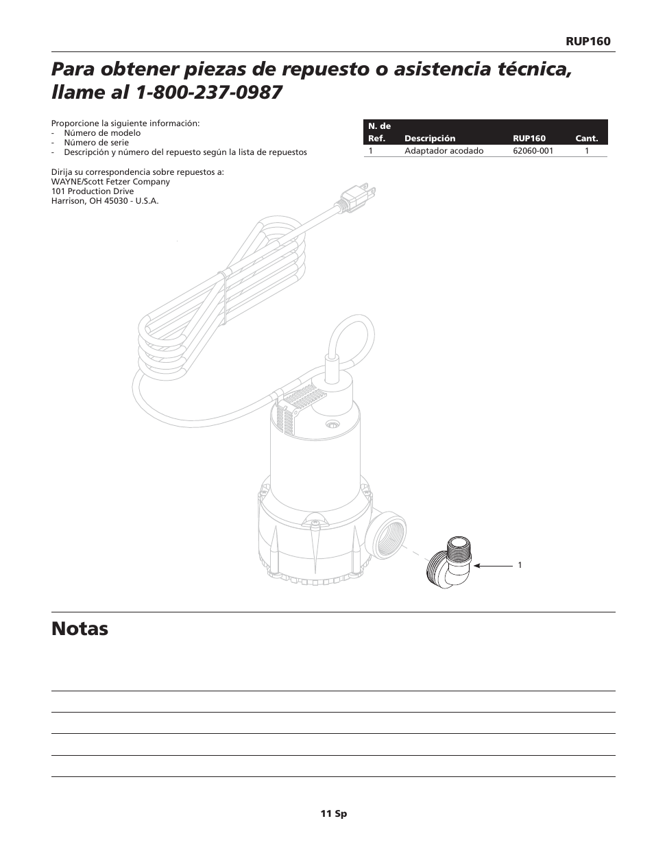 Notas | Wayne SUBMERSBLE UTILITY PUMP RUP160 User Manual | Page 11 / 12