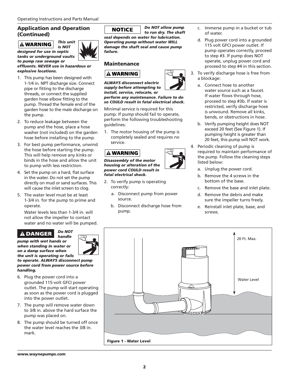 Application and operation (continued), Maintenance | Wayne SUBMERSBLE UTILITY PUMP RUP160 User Manual | Page 2 / 12