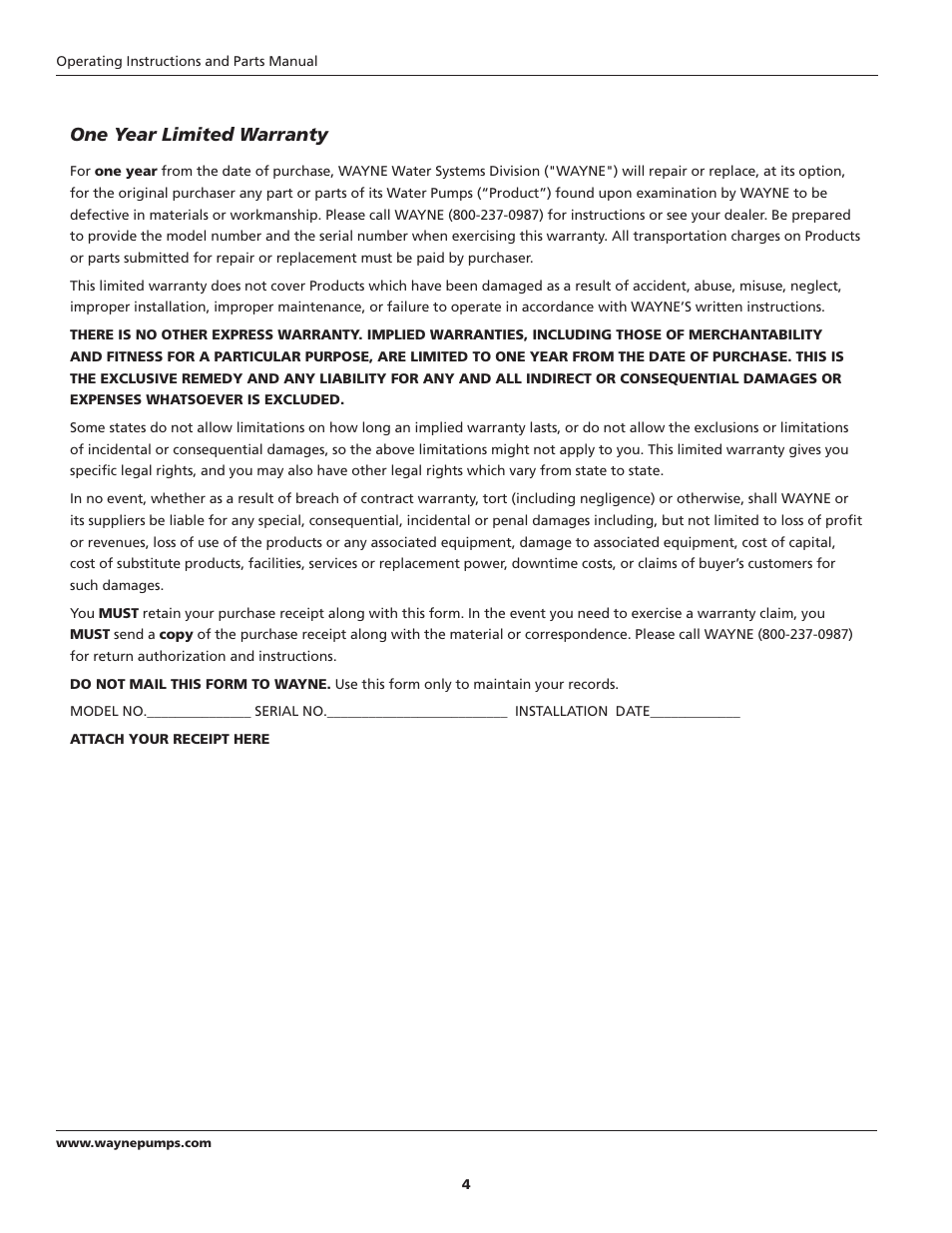 One year limited warranty | Wayne SUBMERSBLE UTILITY PUMP RUP160 User Manual | Page 4 / 12