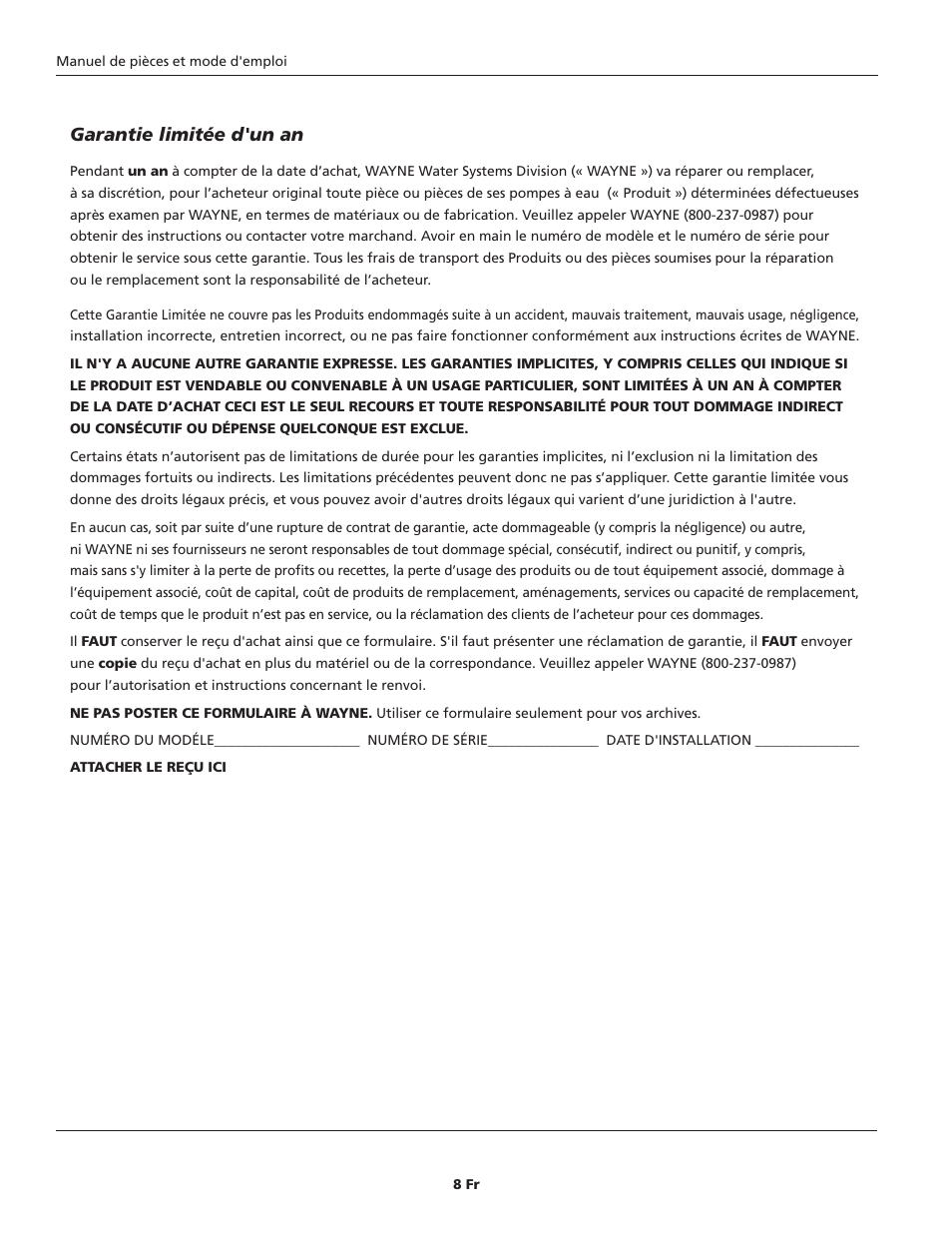 Garantie limitée d'un an | Wayne SUBMERSBLE UTILITY PUMP RUP160 User Manual | Page 8 / 12