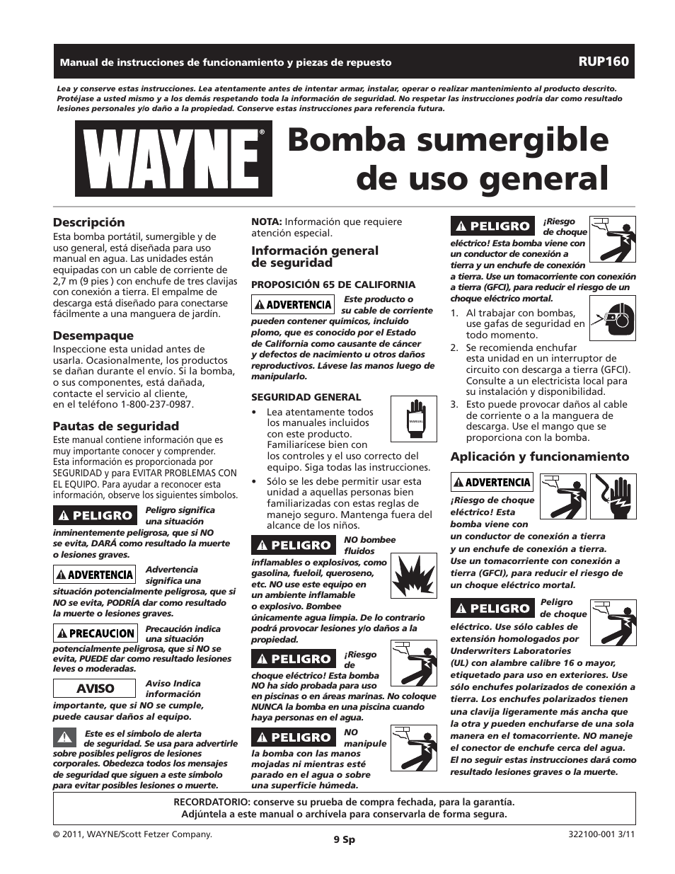 Bomba sumergible de uso general, Rup160 | Wayne SUBMERSBLE UTILITY PUMP RUP160 User Manual | Page 9 / 12