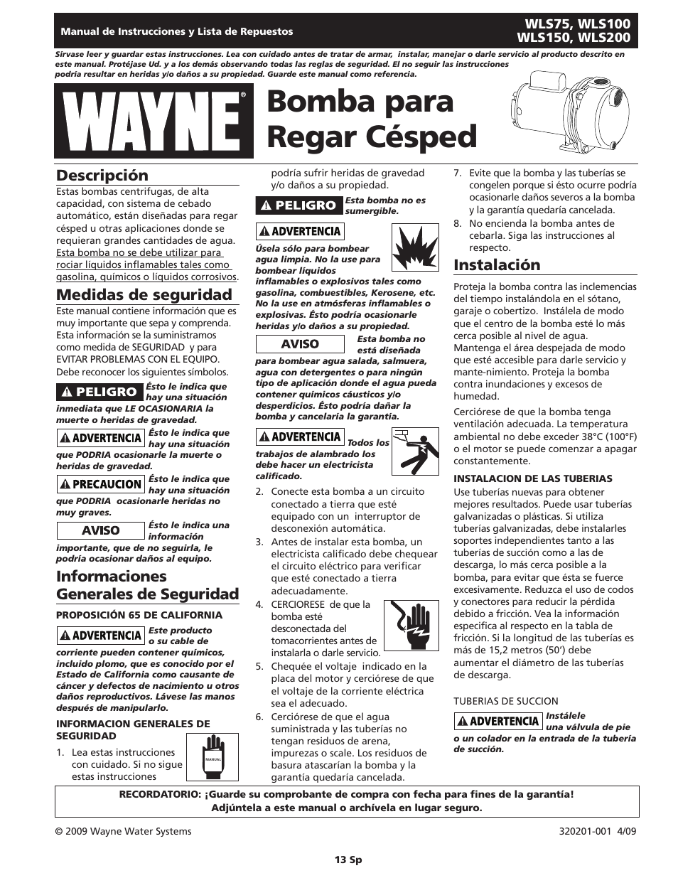 Bomba para regar césped, Descripción, Medidas de seguridad | Informaciones generales de seguridad, Instalación | Wayne WLS75 User Manual | Page 13 / 20
