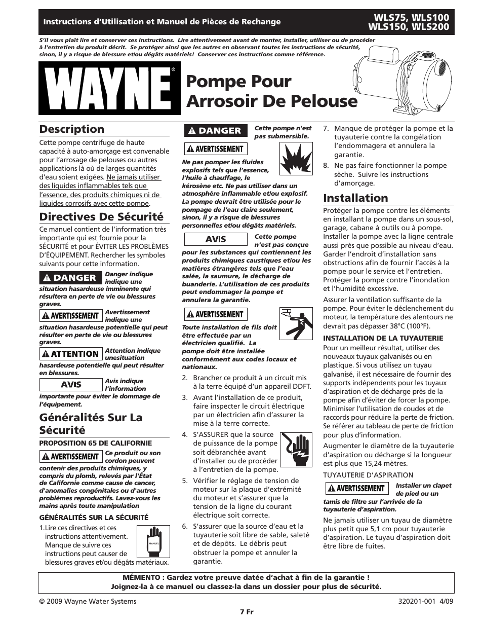 Pompe pour arrosoir de pelouse, Description, Directives de sécurité | Généralités sur la sécurité, Installation | Wayne WLS75 User Manual | Page 7 / 20