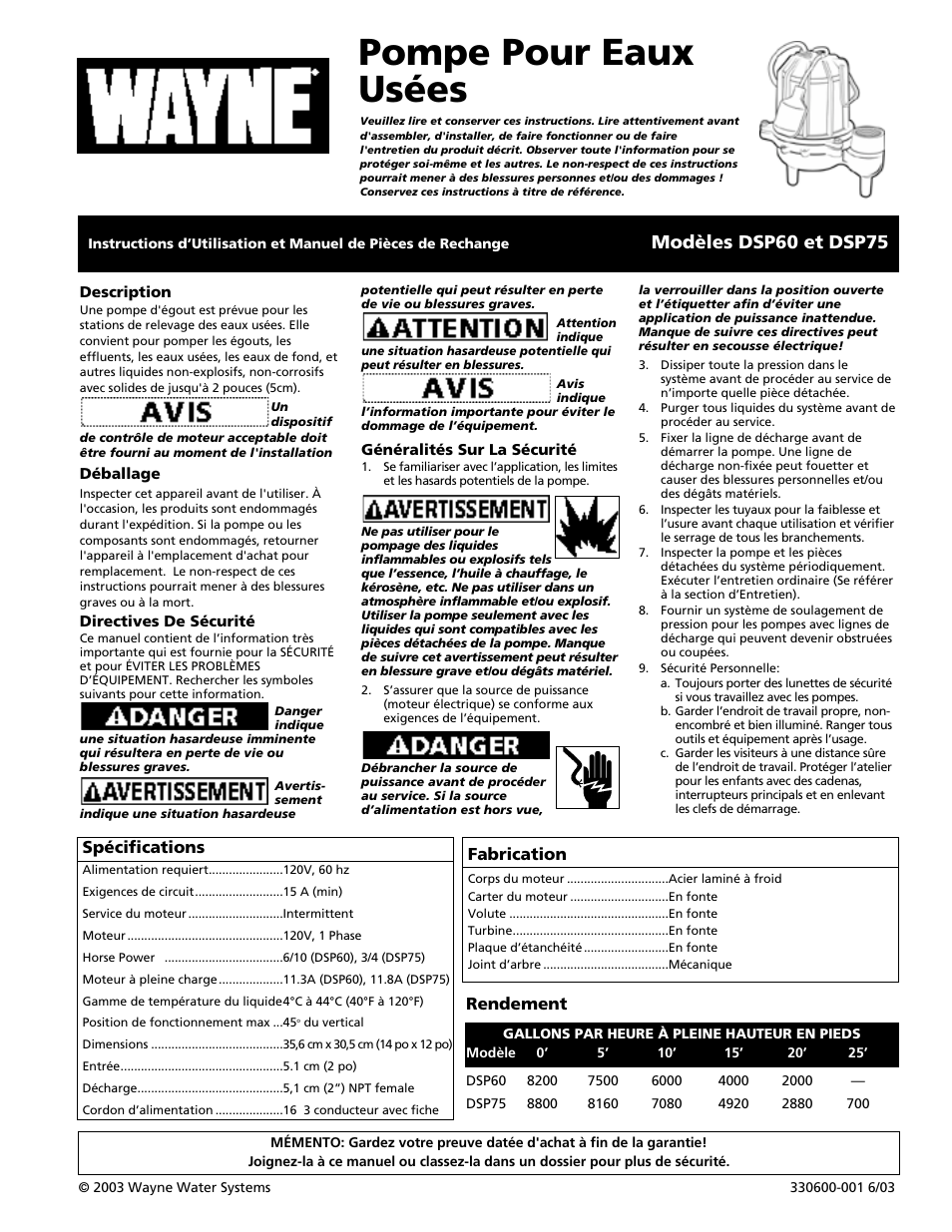 Pompe pour eaux usées, Modèles dsp60 et dsp75, Spécifications | Fabrication, Rendement | Wayne DSP60 User Manual | Page 5 / 12