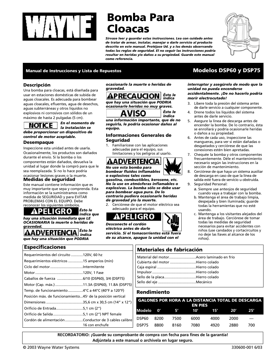 Bomba para cloacas, Modelos dsp60 y dsp75, Especificaciones | Materiales de fabricación, Rendimiento | Wayne DSP60 User Manual | Page 9 / 12