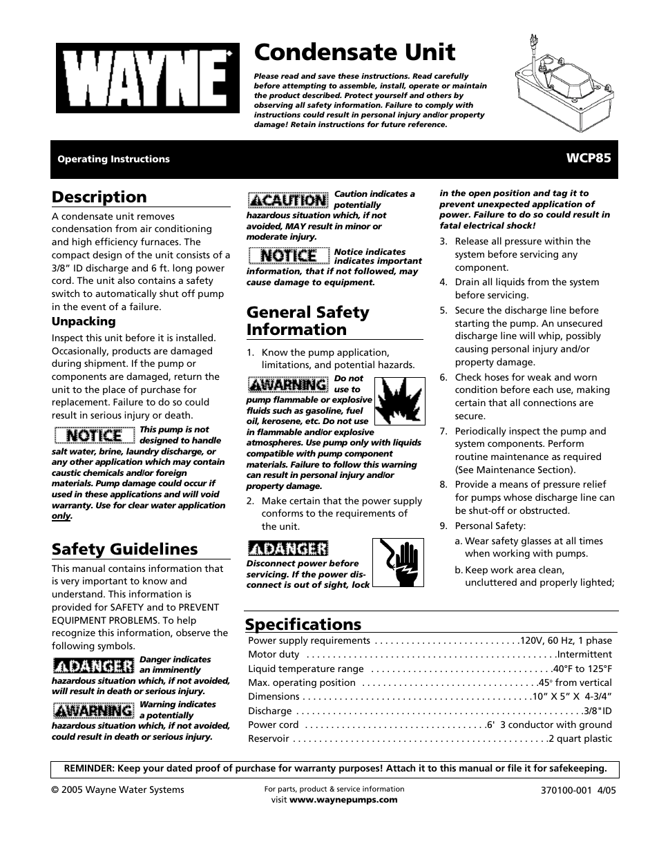 Wayne WCP85 User Manual | 12 pages